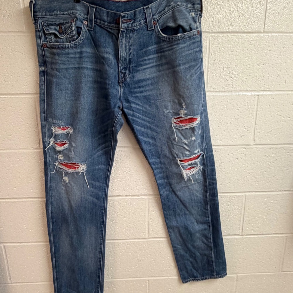True Religion Mens Geno Distressed Jeans 42 Blue Red Backed Ripped Y2K Flap